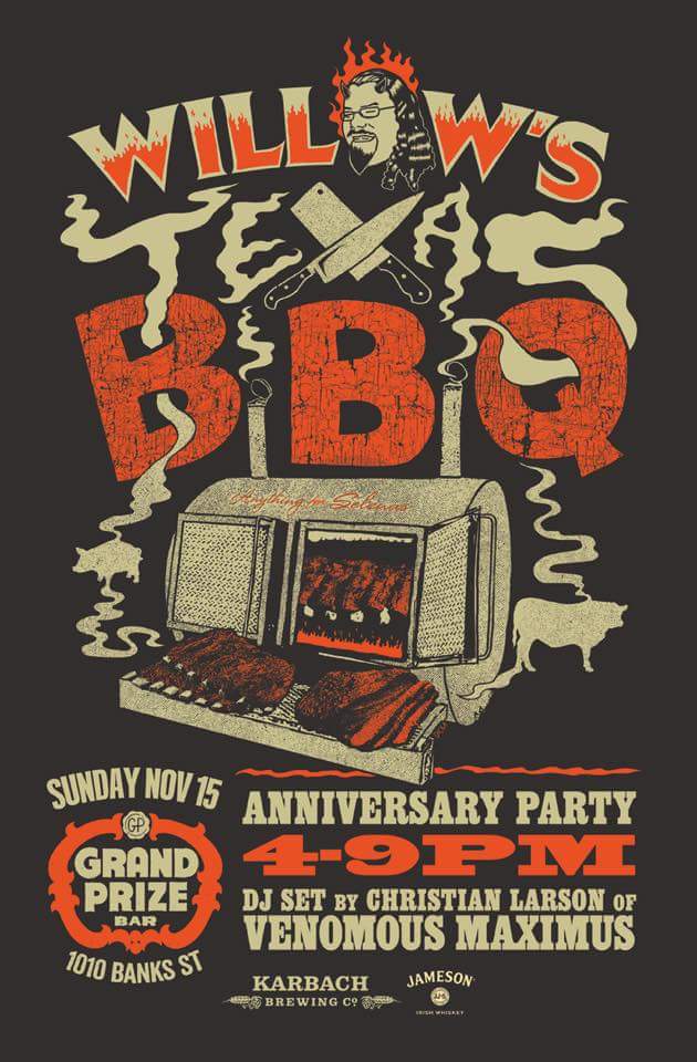 #HouBBQ News: Willows Texas BBQ will be celebrating their 1yr anniversary <a href="/GrandPrizeBar/">Grand Prize Bar</a> tomorrow starting at 4pm.