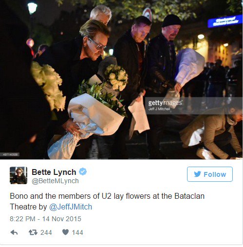 🎶 L'hommage de U2 aux victimes du #Bataclan  bit.ly/1HKcwN8 #ParisAttacks