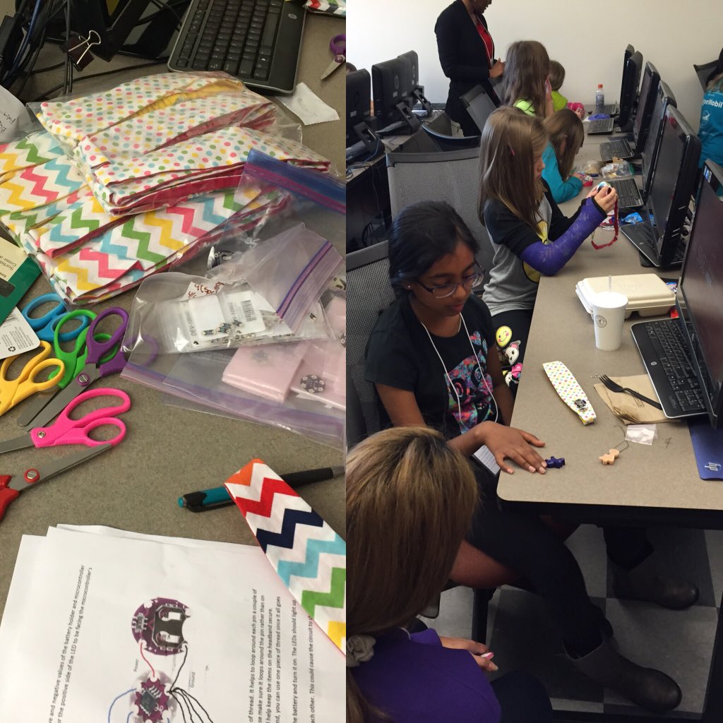 ScienceGirlDFW's tweet photo. Twinkling headbands using #LilyPad modules! Wearable tech is awesome! #DYWstem #sweshares https://t.co/9T1sX1upAV