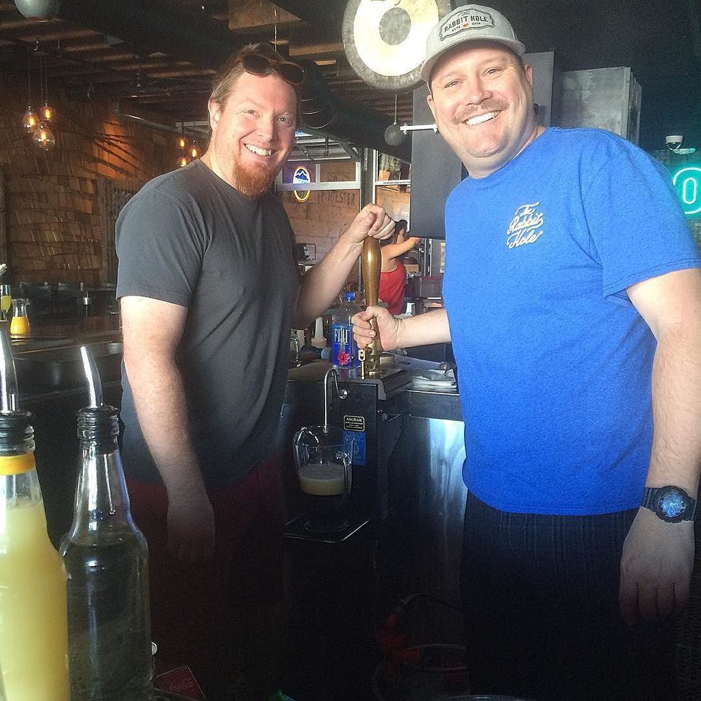 Beer_Spartan's tweet photo. Throop &amp; Matt tapping the Oatmeal Stout cask w/ cascade hops @rabbitholesd #benchmarkbrewing #sdbeer #sdbw https://t.co/ZN7QXzCy1g