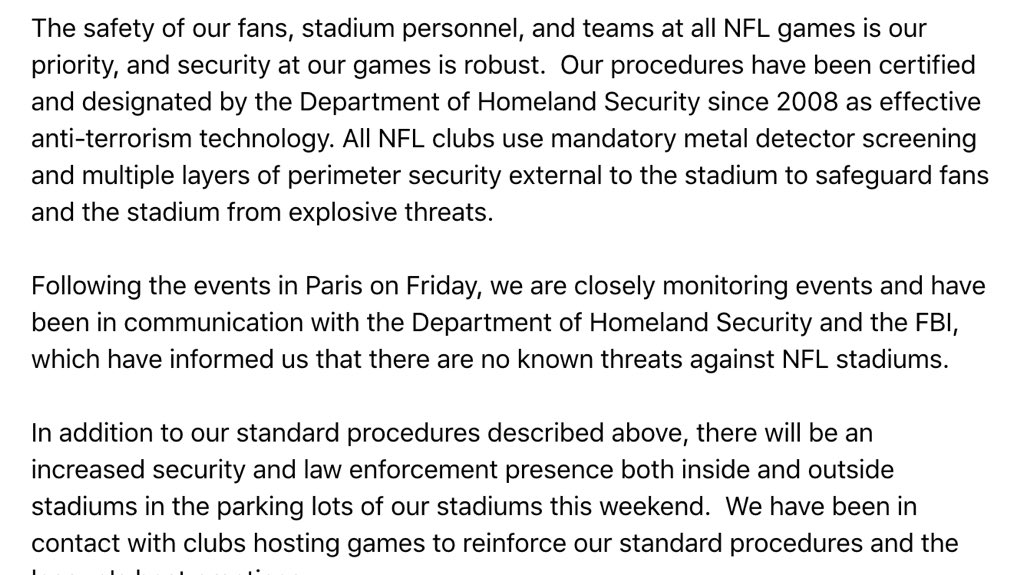 RapSheet's tweet image. Here is part one of the @NFL's statement regarding the Paris attacks and Sunday