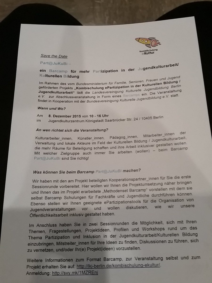 CEungeschminkt's tweet photo. Am 8.12. gibts in #Berlin part@JuKuBi - das #Barcamp f. mehr #Partizipation in d. KuBi #IPZP https://t.co/SfpBorvOjc https://t.co/g6ebT0Xzb9