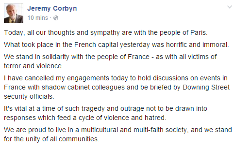 jeremycorbyn's tweet photo. Here is a statement I released earlier today about the tragedy that took place in the French capital yesterday https://t.co/V6raBHHTv1