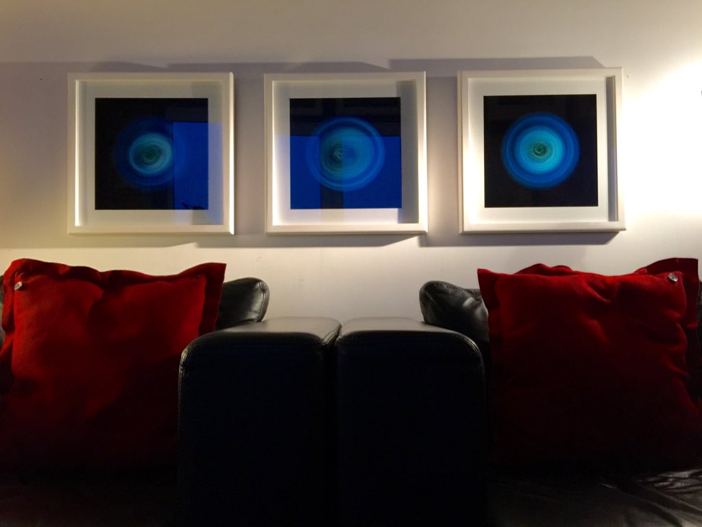 PeterHolden8's tweet photo. @michael_swallow Cause for celebration. #Gyrograph triptych in lovely white handmade frames. Thank you Michael. https://t.co/RV4DPzHFq7