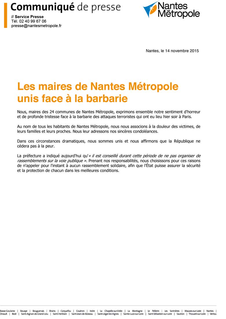 NantesMetropole's tweet photo. Attentats de Paris : les maires de #NantesMétropole unis face à la barbarie #attentatsdu13novembre #ParisAttacks https://t.co/k385HyQrRX
