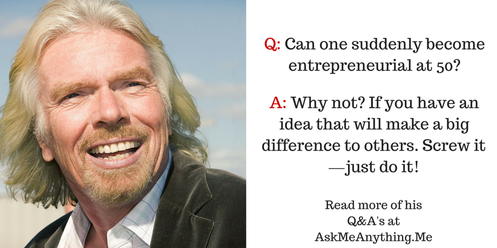askmeanything50's tweet photo. Richard Branson @richardbranson says you're never too old to start your business: https://t.co/oxO8Bl8gP2 https://t.co/KRbB3WUruY