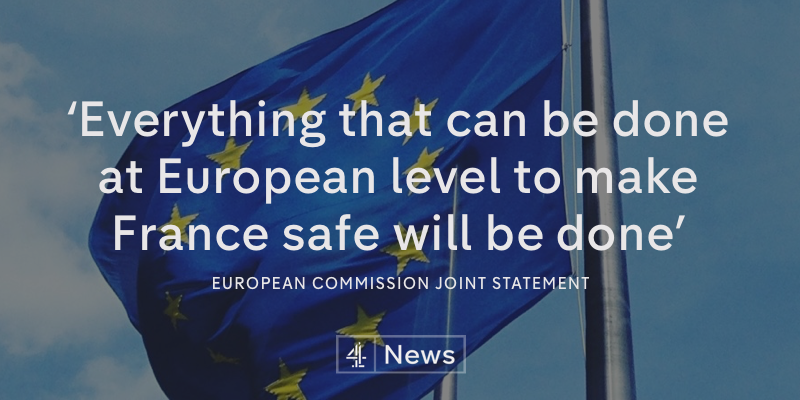 Channel4News's tweet photo. EU leaders announce a Europe-wide minute of silence in memory of #ParisAttack victims at 11am UK time on Monday 16th https://t.co/vBfy9YHY4X
