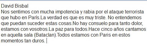 PepiyFernando's tweet photo. Todo lo que ha dicho @davidbisbal hoy sobre la tragedia inmensa en Paris https://t.co/u0G5qFGZO1