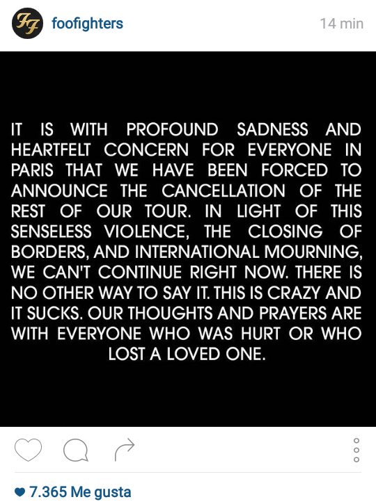 KariGomezY's tweet photo. Será para la próxima! 😢 @foofighters #TodosSomosParis https://t.co/9RE5izpYU5