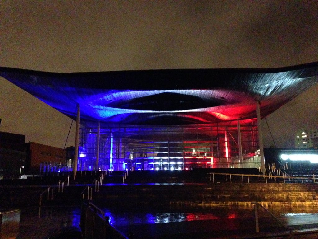 SeneddWales's tweet photo. Horrified by last night's events we stand together with France. #Paris #Wales #tricolore #Senedd https://t.co/tLmfXM0NIP