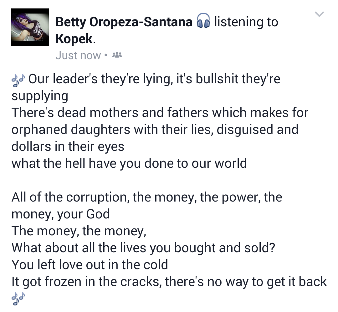 BettySlaughter_'s tweet photo. Part of the lyrics from White Collar Lies by @KopekOfficial.

They seem pretty relevant right now. https://t.co/nBDioiCzlp