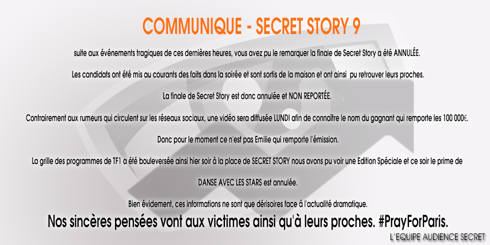 laudiencesecret's tweet photo. #SS9FINALE #SS9: Pour ceux à qui ça intéresse. Nos pensées vont aux victimes ainsi qu'à leurs proches. #PrayForParis https://t.co/XrPlGoaWcA