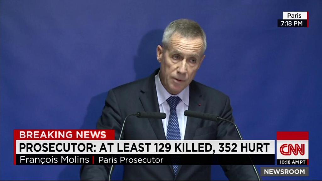 CNN's tweet photo. 129 killed, 352 injured -- at least 99 seriously -- in #ParisAttacks, Paris prosecutor says https://t.co/87oyzYbUTx https://t.co/oP5HsQib6D