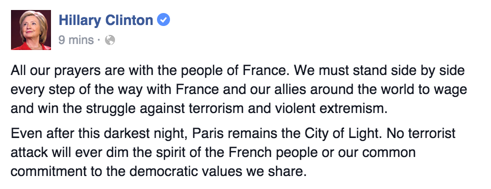 HillaryClinton's tweet image. "Even after this darkest night, Paris remains the City of Light."