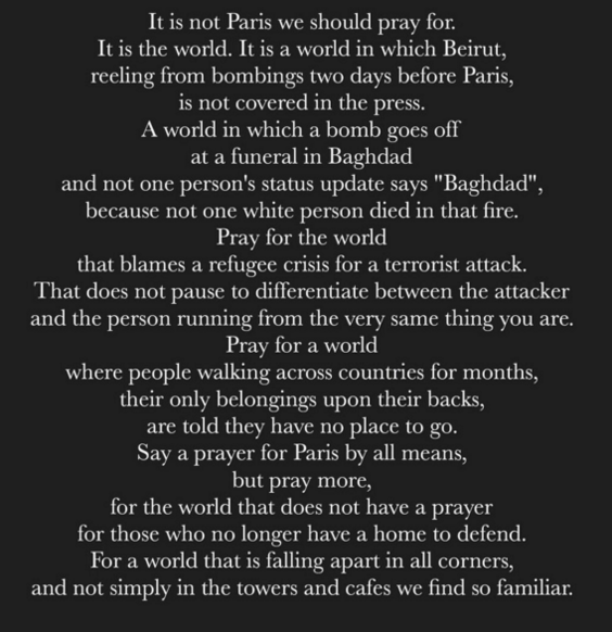 ajplus's tweet photo. An Indian blogger’s poem about the Paris attacks urges people to do more than #PrayForParis: https://t.co/EKEdXRK2q9 https://t.co/4K0VtdOU0G