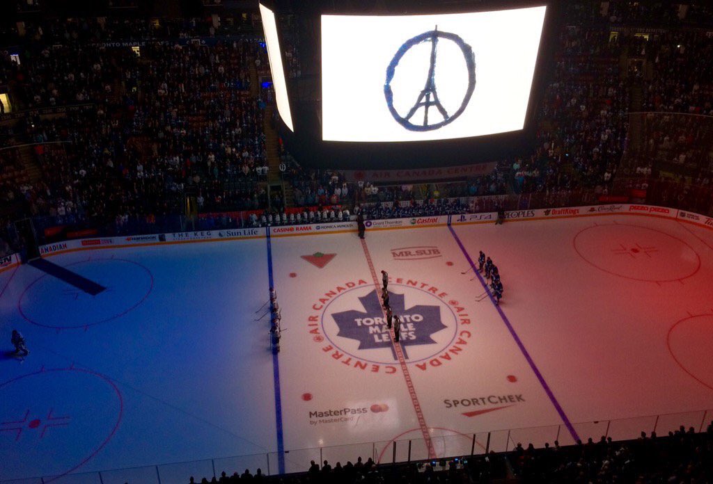 MadelnCanada's tweet photo. NHL teams pay tribute and honour the victims of the Paris terrorist attacks. https://t.co/acuMM1Khxu