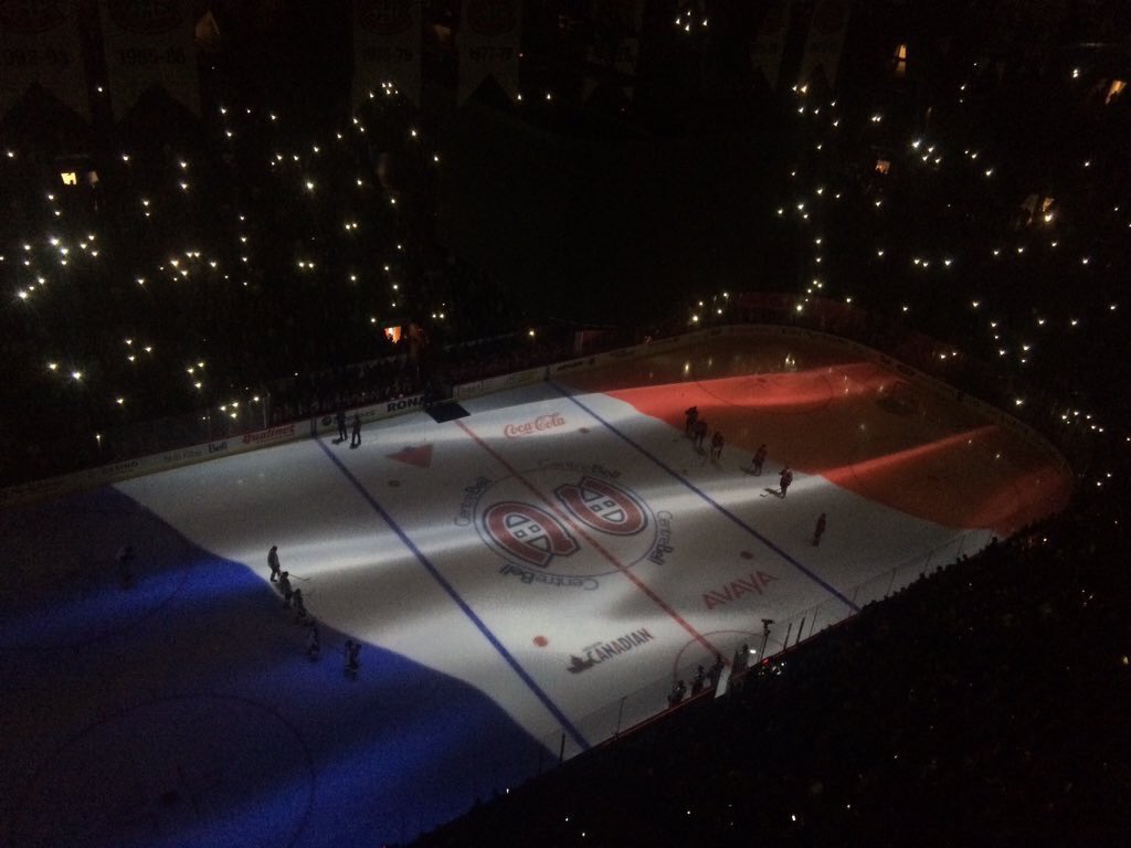 MadelnCanada's tweet photo. NHL teams pay tribute and honour the victims of the Paris terrorist attacks. https://t.co/acuMM1Khxu