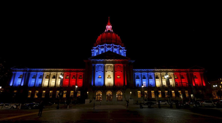 iGEM_UCSF's tweet photo. "Together we are stronger and not afraid" -@iGEM_Paris All our love &amp; prayers are with you, Paris @SFCity_Hall https://t.co/M8AGniQdcd