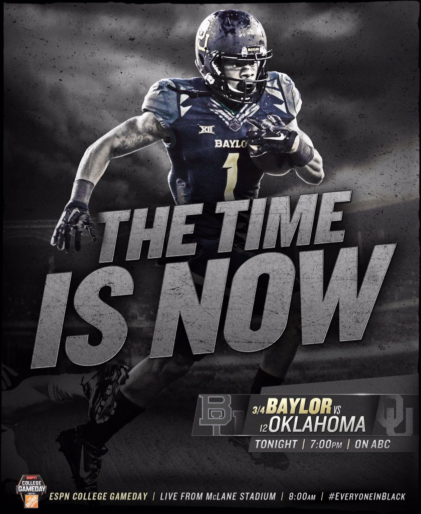 It's time. Let's #SicOU.
⏰ 7 p.m. CT
📺 ABC
📻 ESPN Central Texas (1660AM)
💻 /📱 es.pn/1QrDISE
📱 <a href="/BUFootball/">Baylor Football</a>
