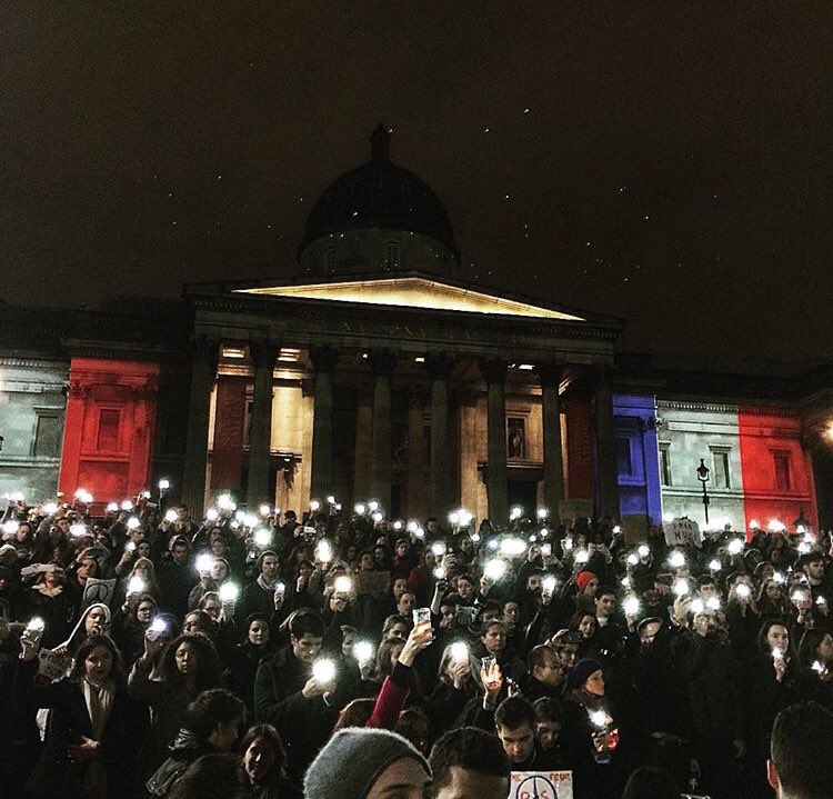 In Trafalgar Square where all have come together to fight evil. #Prayers4Paris