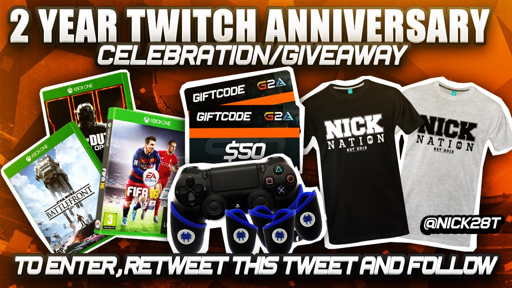 Nick28T's tweet photo. My 2 year @Twitch anniversary GIVEAWAY!

RT this + FOLLOW me to win games, money and more! 

https://t.co/WWLDCUdvbt https://t.co/d4FY4nTbdA