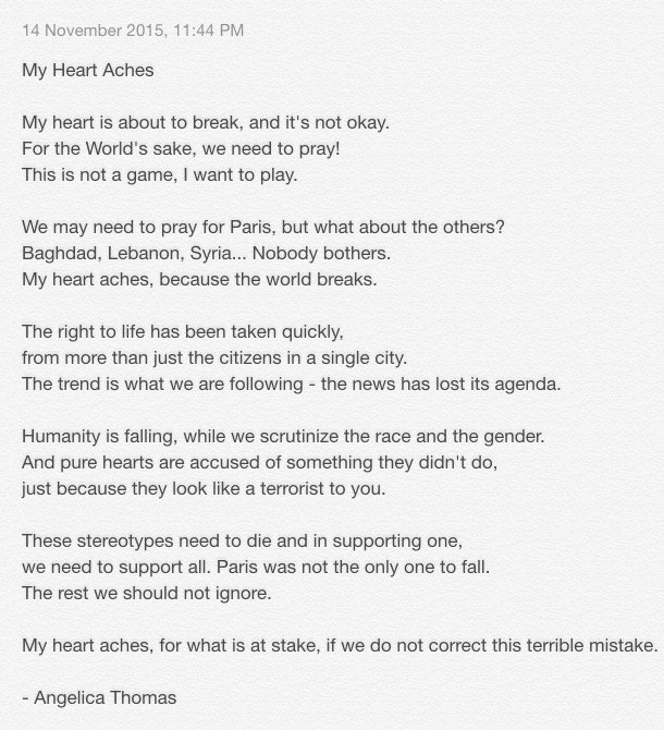 TheMeWannaBe's tweet photo. My Heart Aches! 😭💔 #PrayersForParis #PrayForBaghdad #PrayForSyria #PrayForLebanon #PrayForEveryone https://t.co/ql9Vg8wSPF