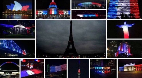 Krownex's tweet photo. "La ville lumière s'est éteinte, donc le reste du monde s'est illuminé pour elle." https://t.co/pOuObrIKZX