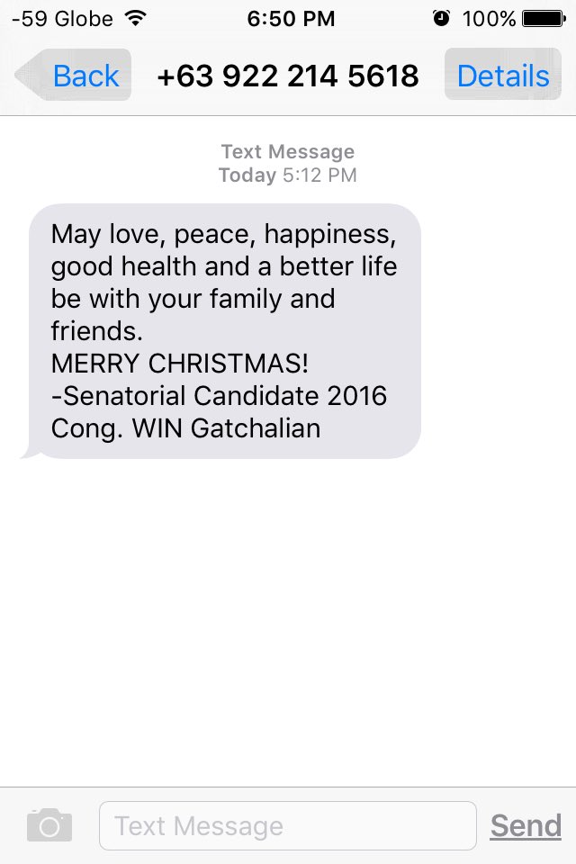 IMdaDANDAN's tweet photo. Seriously?! Getting spam text messages from candidates??
#comelec @gmanews @ANCALERTS @ABSCBN  this is just wrong! https://t.co/gT9Ljx8eOI