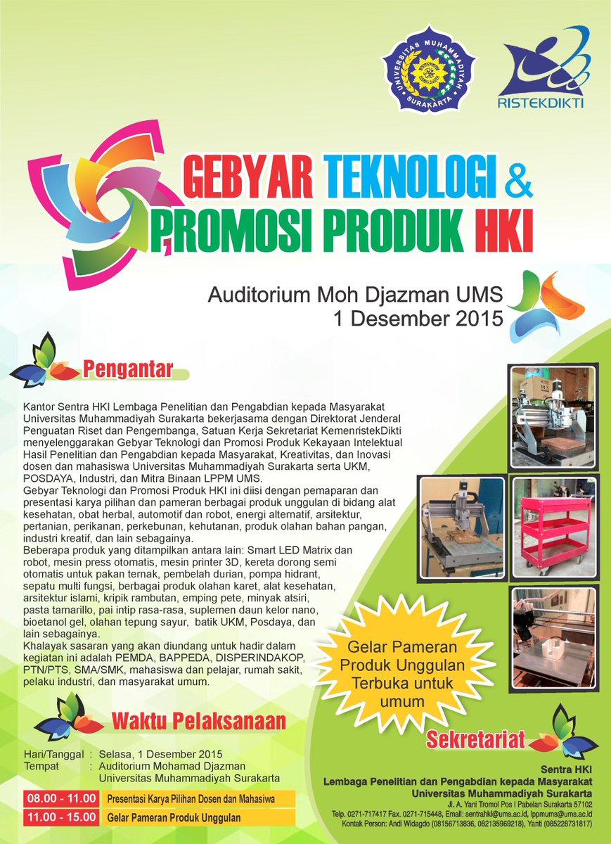 Gebyar Teknologi &amp; Promosi Produk HKI | Selasa,1 Des 2015 | 08.00-15.00 | Auditorium Moch Djaman UMS | FREE utk Umum