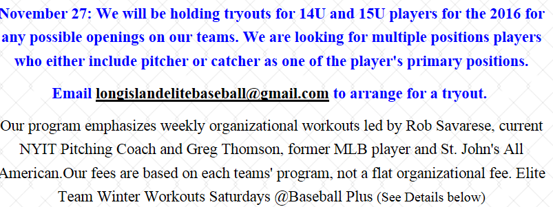 Elite Baseball is looking for a few 14U-15U Players to round off our 2016 Season