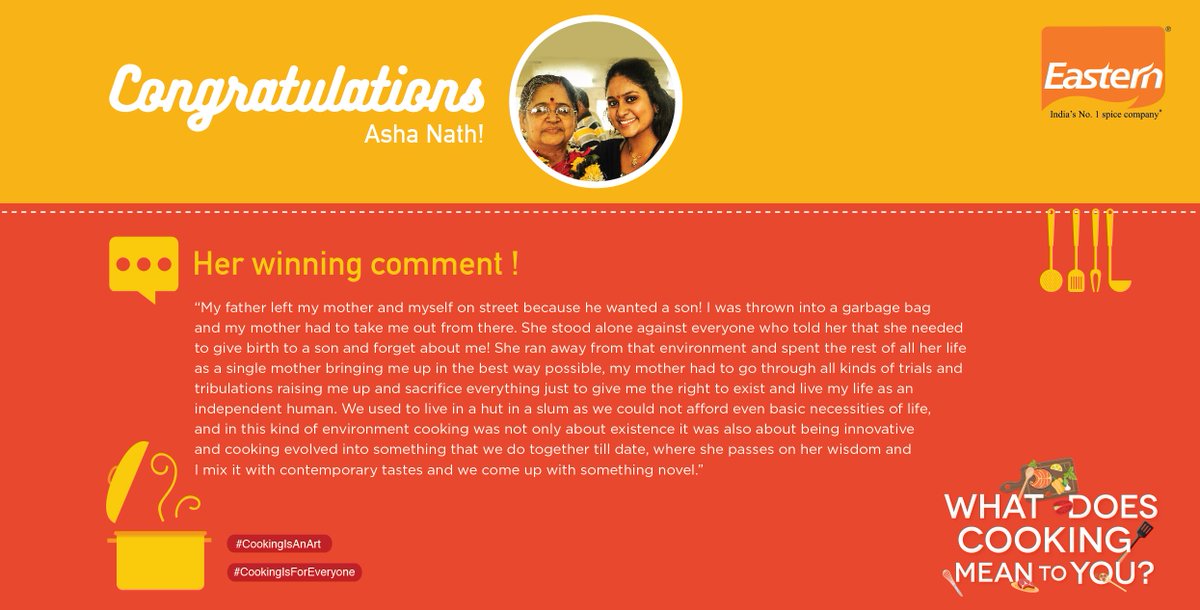 eastern_in's tweet photo. Congratulations Asha Nath for your wonderful comment..! :)
#CookingIsAnArt
#CookingIsForEveryone 
#Contest https://t.co/GSBYtbiBnq