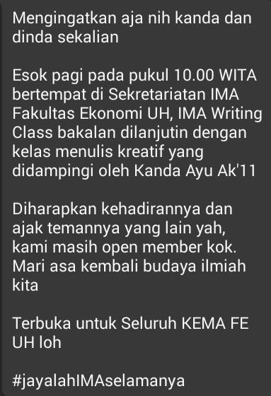 Halooo <a href="/semafeuh/">SEMA FEUH</a> @HIMAJIE_FEUH @immajfeuh ayo ikutan "IMA WRITING CLASS" mengenai menulis kratif 😊 #kemedsosIMA