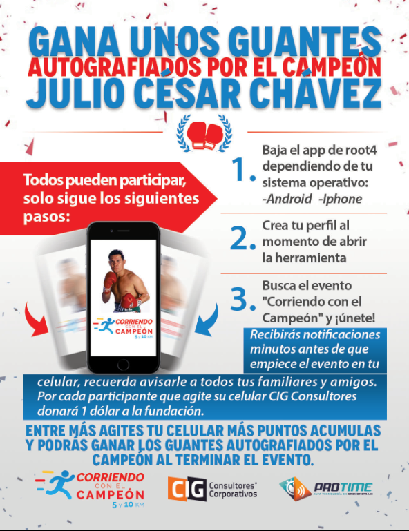 root4's tweet photo. Anótate en #CorriendoConElCampeón con tu celu y llévate los guantes autografiados x @Jcchavez115 .@FJulioCesarCh https://t.co/N0ICMPPdy6