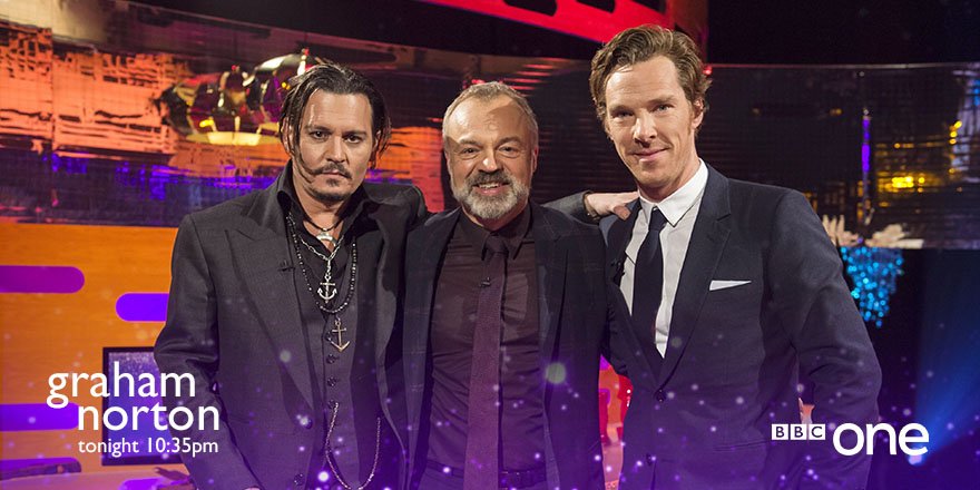 BBCOne's tweet photo. Shut up, everybody! Benedict Cumberbatch joins Johnny Depp, Daniel Radcliffe &amp; James McAvoy on @TheGNShow. 10.35pm. https://t.co/uxfWkJB9Uy