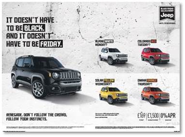 weareemo's tweet photo. Our #Jeep “It Doesn’t Have To Be Black / Friday” campaign is mentioned in @marketinguk https://t.co/Ycn6dqfanV https://t.co/C4hpGUlUat
