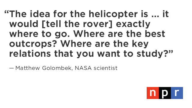 NPR's tweet image. #NASA wants a helicopter drone to help a rover find the good stuff on Mars. @joesbigidea n.pr/1llinyb