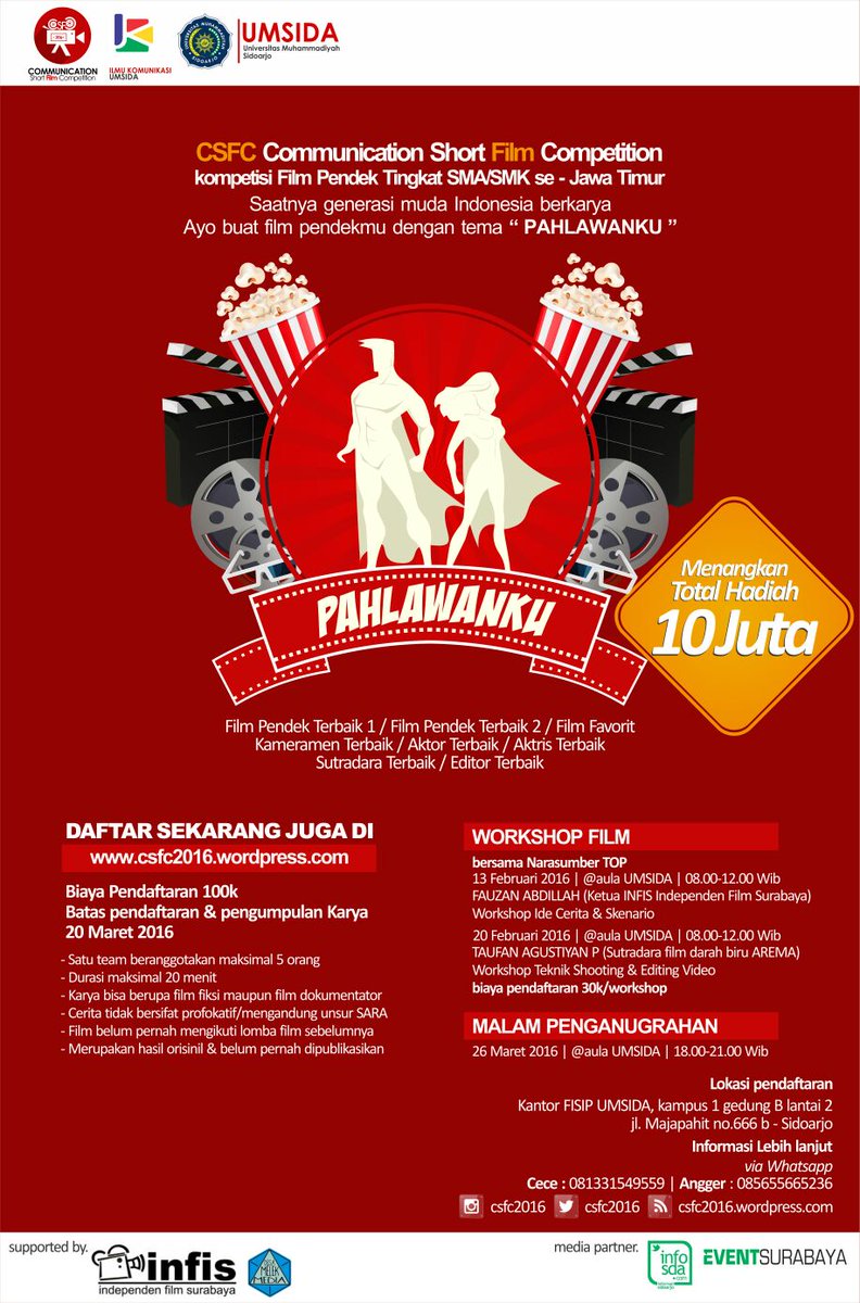 csfc2016's tweet image. CSFC hadir kembali.sekarang kesempatanmu menyalurkan ide2 kreatif dlm bentuk film pendek. beretemakan "PAHLAWANKU".