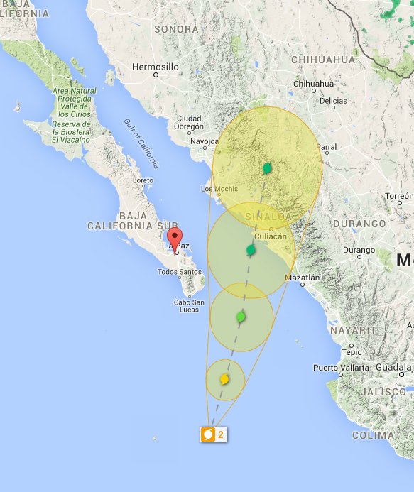 A tropical storm watch in effect for. Baja Sur peninsula from Todos Santos to Los Barriles   bajaclima.com/Sandra-cat2