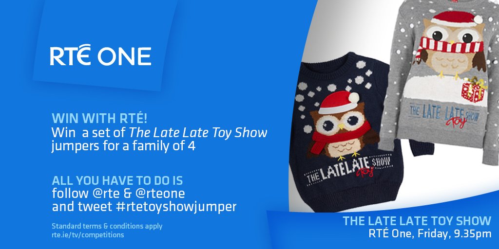 rte's tweet image. Like the jumpers?! Win a family set! #LateLateToyShow 

Follow @rte and @RTEOne and tweet #rtetoyshowjumper