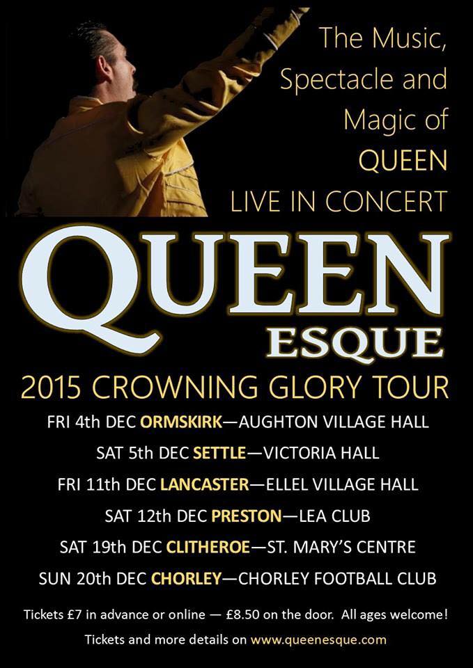 QueenEsqueBand's tweet photo. @ThingsLancaster we are coming to Lancaster Friday 11th Dec at Ellel Village Hall &amp; We Will Rock You! https://t.co/xnzQkbQNmH