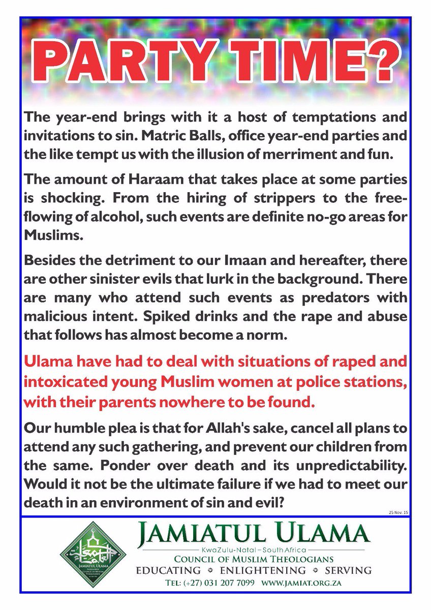 MasjidPoster's tweet photo. #PartyTime #december2015 #Holidays #holidayseason #matric2015 #MatricBall #Danger #StayAway  @SBbmnotices @azdinfo https://t.co/Hlhg0DR7Fd