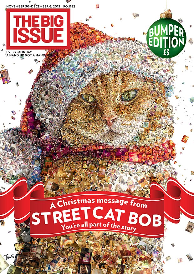 BigIssue's tweet photo. Revealed! It's our @StreetCatBob Christmas cover, made up of YOUR cats. On sale from Nov 30 https://t.co/K3qxMOrjDe https://t.co/5DiJxIlXXA