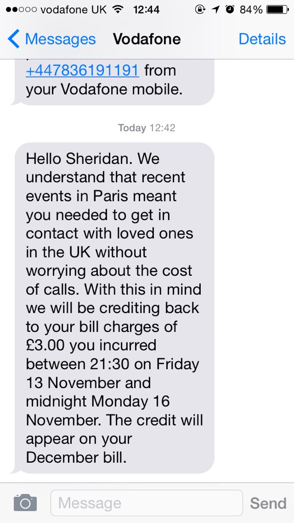 Pleasantly surprised at <a href="/VodafoneUK/">Vodafone UK</a> for sending me this. Thank you☺️ #ParisAttacks #gooddeed