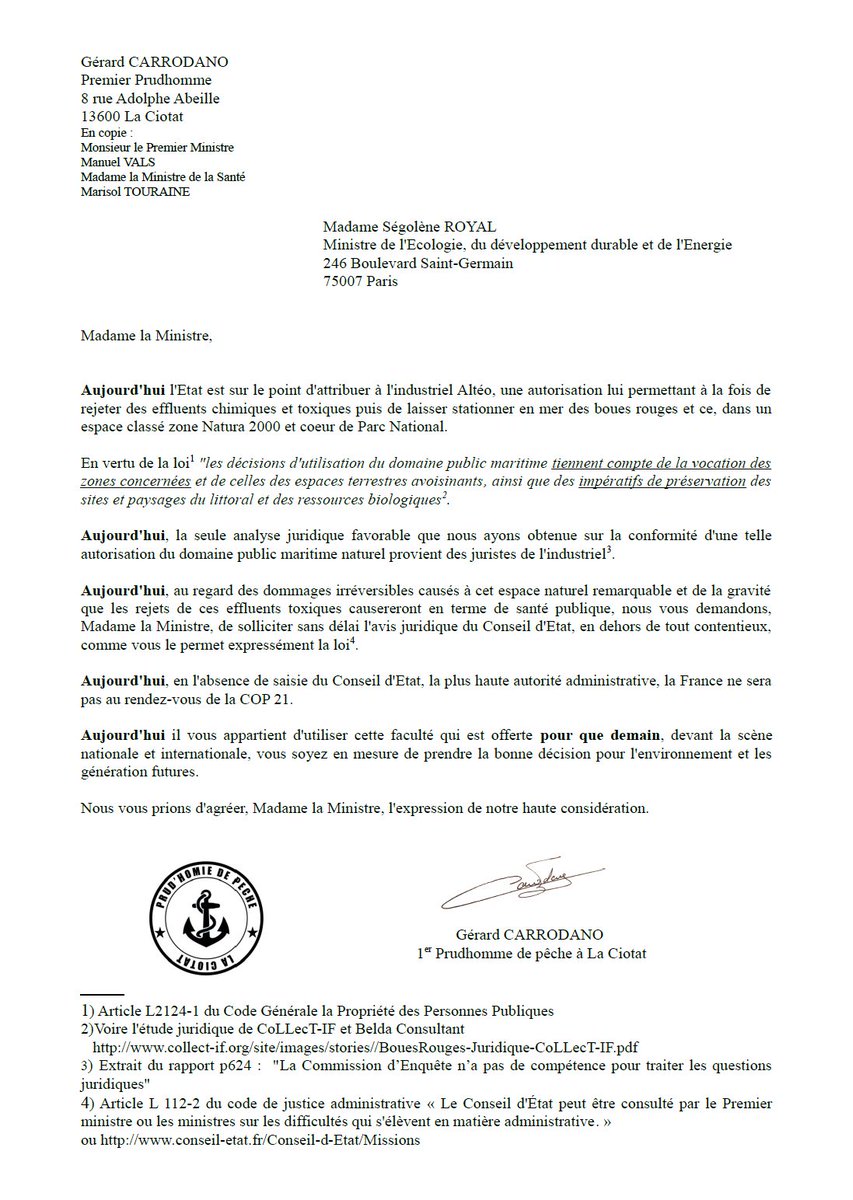 VilledeLaCiotat's tweet photo. #Bouesrouges les pêcheurs demandent à@RoyalSegolene la saisie du Conseil d’État @ParcCalanques #COP21 https://t.co/efPXnlZHzi