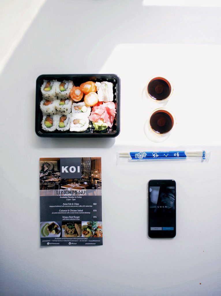 TebogoMalope's tweet photo. Big shout out to @Uber_RSA and @KoiRest my sushi lunch arrived fresh &amp; on time!Much appreciated https://t.co/xDKa93CJl3