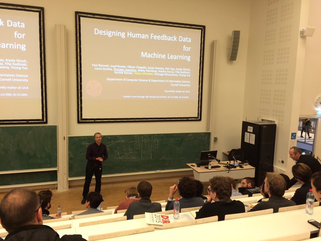 m__dehghani's tweet photo. Keynote by @thorstenjoachim is kicking off: "Designing Human Feedback Data for Machine Learning"
#dir2015 https://t.co/a7XYJIfPo3
