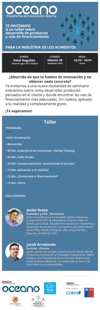 OIOceano's tweet photo. Cómo desarrollar nuevos productos? Mañana un taller que te ayudará #innovación #valdiviacl @Nube_Cowork @Corfo https://t.co/Fr4k2PVk0I