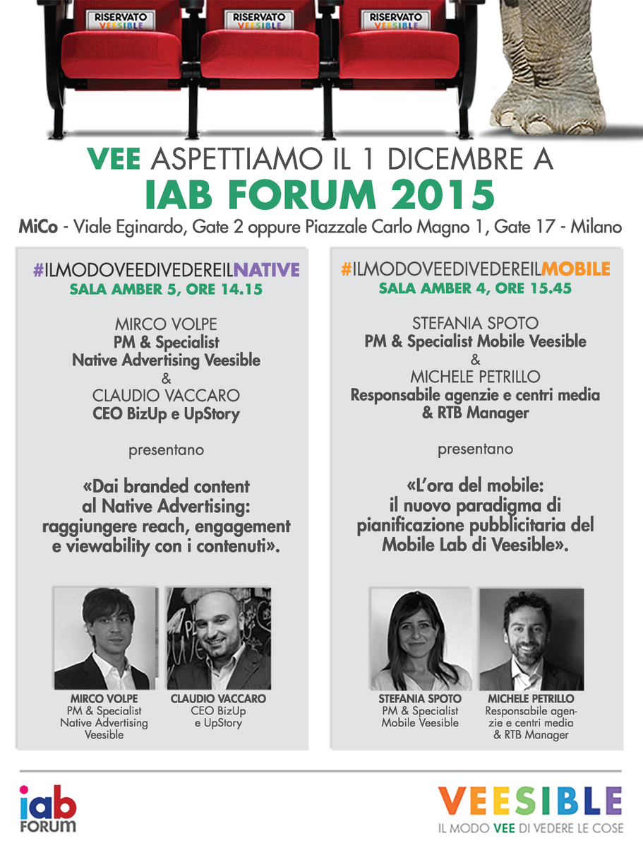 VeesibleADV's tweet photo. Tutti pronti? 
@VeesibleADV VEE aspetta allo IABForum 2015 con @MircoBillyVolpe, #StefaniaSpoto e  #MichelePetrillo https://t.co/xieV2a96wU