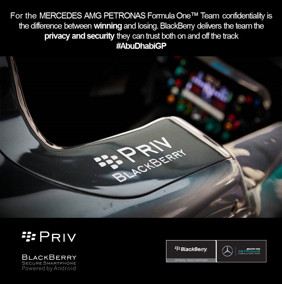 BlackBerry's tweet photo. Check out our new @BlackBerry #PRIV branding on the MercedesAMGF1 car this weekend! #AbuDhabiGP https://t.co/dDlwAVSEkm