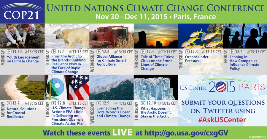 During #COP21, the <a href="/US_Center/">U.S. Center at COP29</a> will webcast 40+ climate events live from Paris. Details: state.gov/cop21